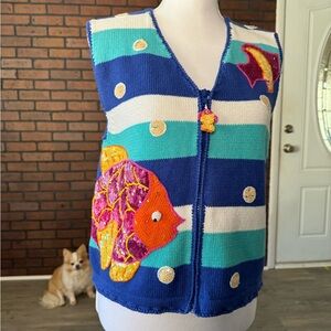 BellePointe Tropical Fish Sequin Zip Sweater Vest‎ Blue Striped Medium